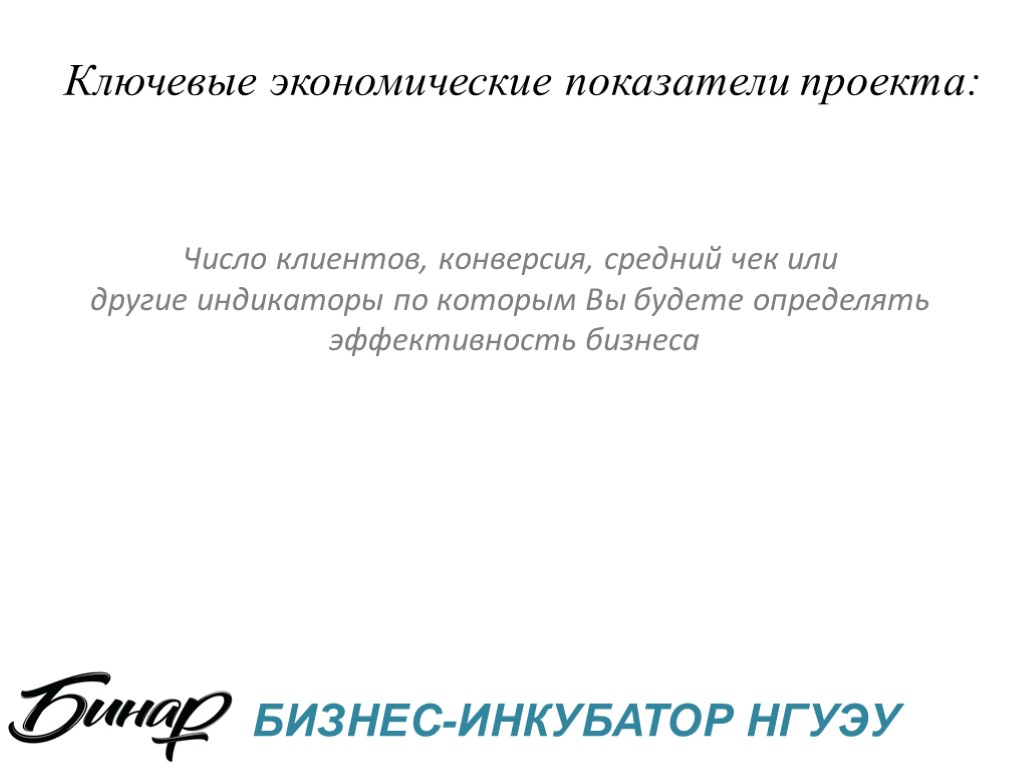 Ключевые экономические показатели проекта: Число клиентов, конверсия, средний чек или другие индикаторы по которым